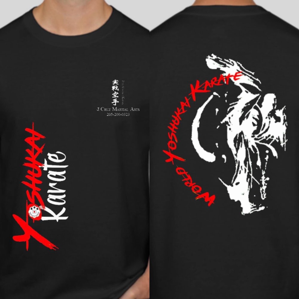 Black JCruz Yoshukai Karate shirt, front and back